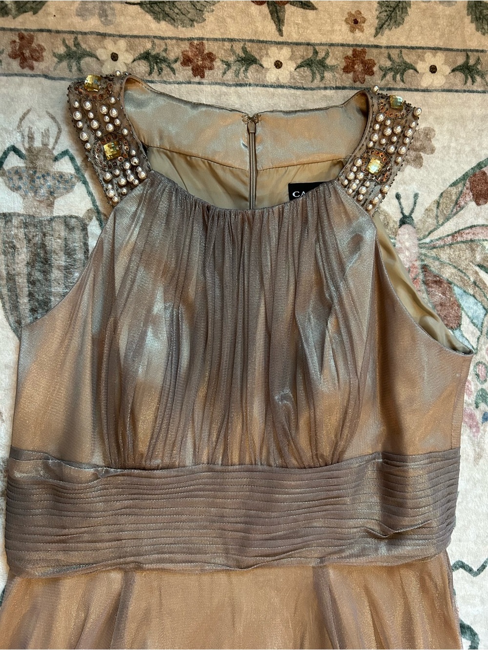 Cachet Metallic Bronze Maxi Dress with Beaded Shoulders - Picture 2 of 16